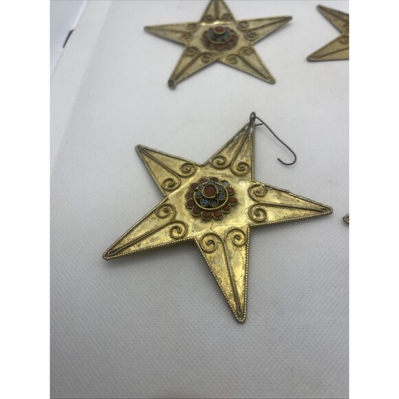 Nepal Gold Brass Tone Star Coral Turquoise Handmade Amulet Pendent, Ornament 4" - Picture 2 of 8
